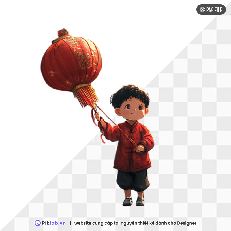 A boy wearing traditional red clothes, holding a large red lantern. The boy has a happy expression and is facing forward. The photo was taken on a transparent background. PNG file, tết trung thu